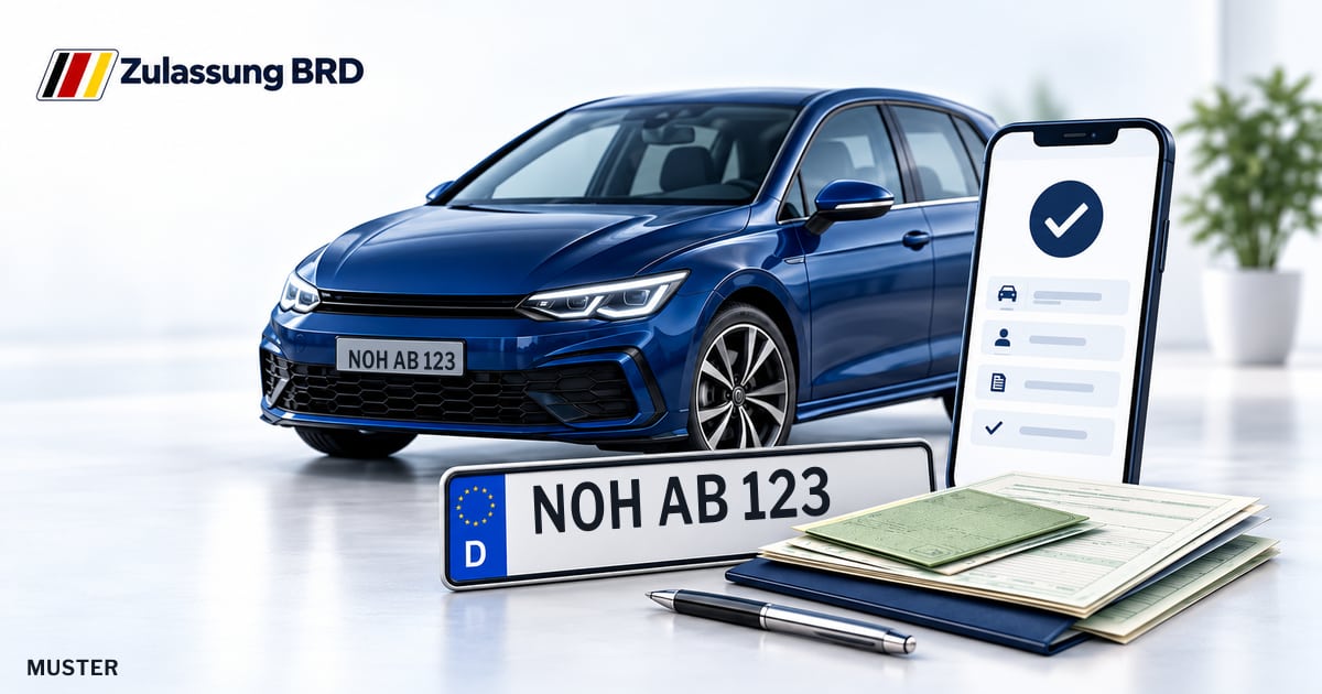 Online Fahrzeugzulassung in Bad Bentheim: Musterkennzeichen NOH AB 123, Auto und Fahrzeugpapiere und Smartphone. Illustration mit Logo von Zulassung BRD.